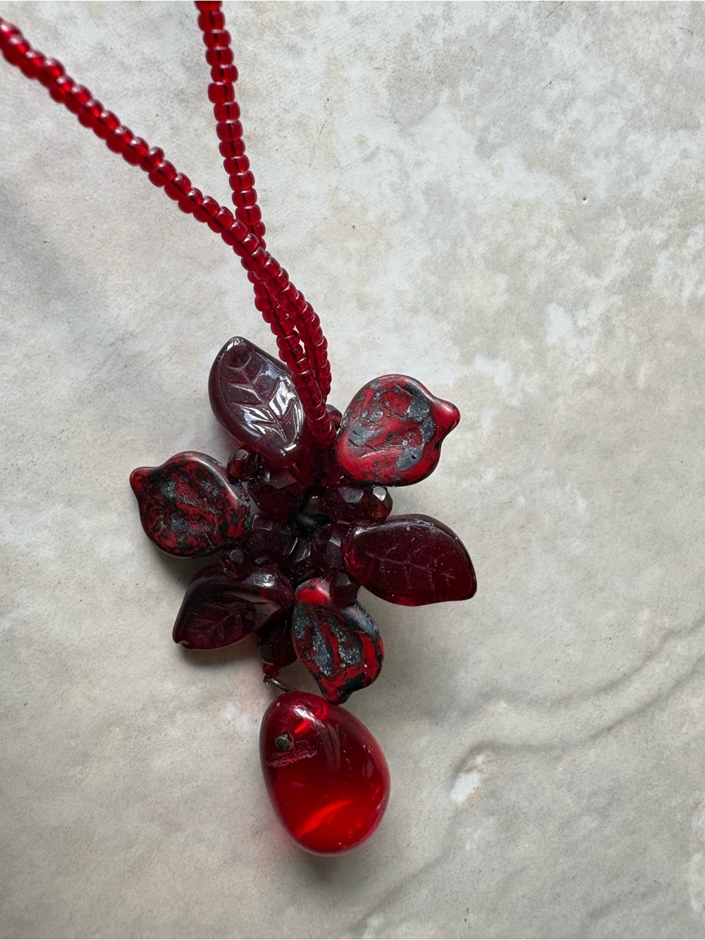 Vintage Red Glass Beaded Statement Necklace Floral Cluster Pendant Seed Beads